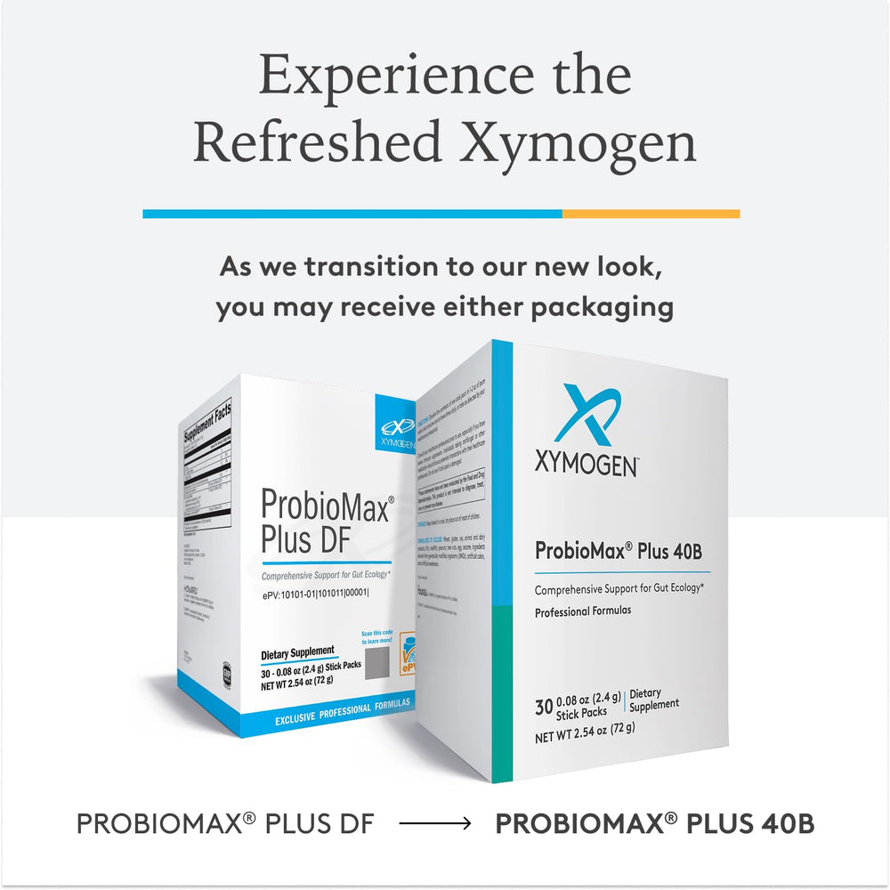 Back/side view of XYMOGEN ProbioMax Plus 40B dairy-free probiotic powder stick pack