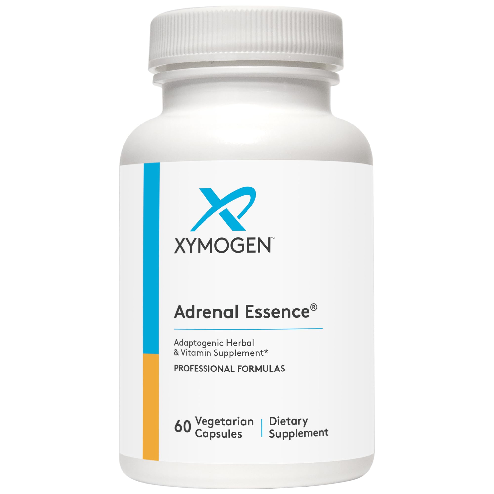 Bottle of XYMOGEN Adrenal Essence with capsules on white background