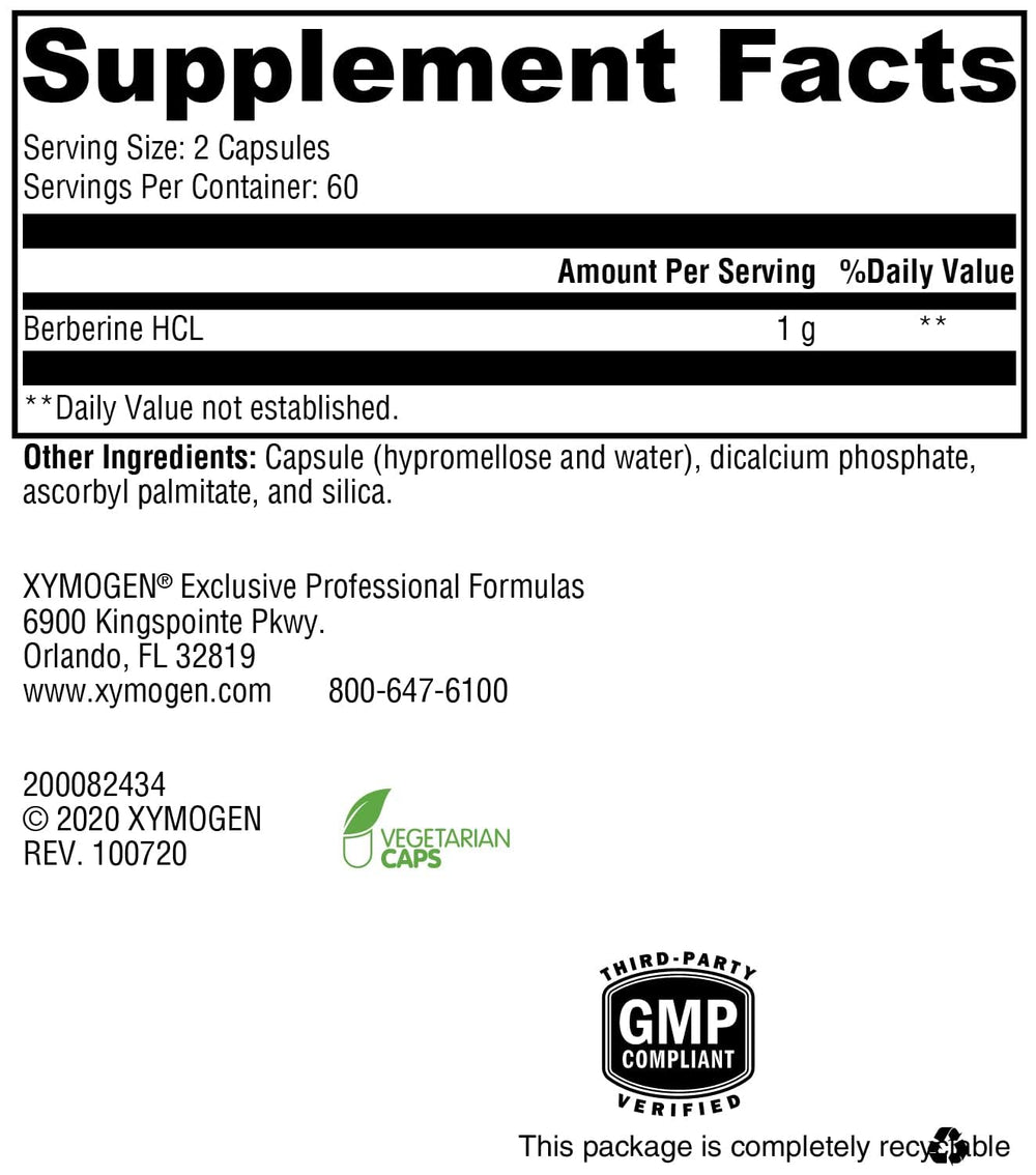 Close-up of XYMOGEN Berberine HCL 1000mg capsules