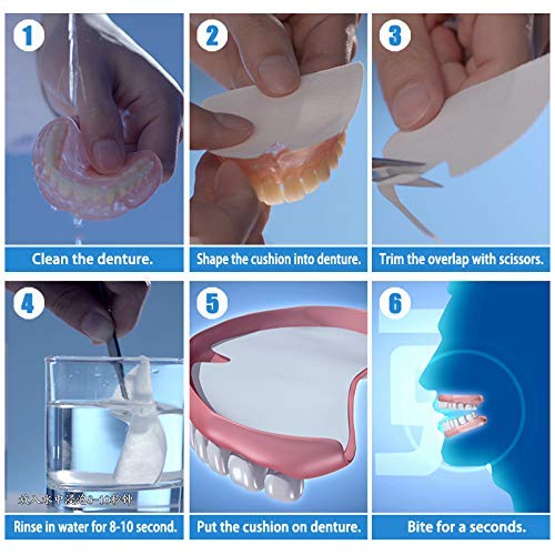Instructions: trim, soak, and apply denture cushions