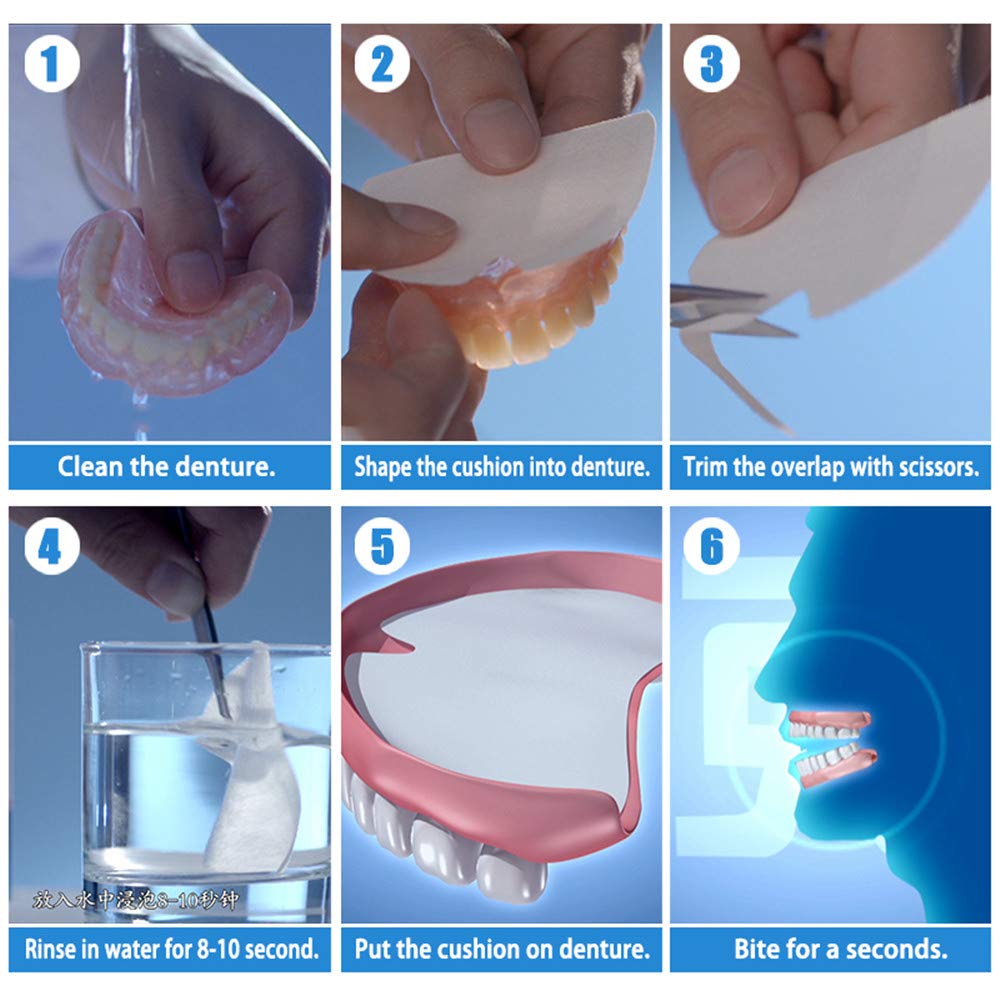 Usage tips: trim to fit, soak to soften, apply to denture