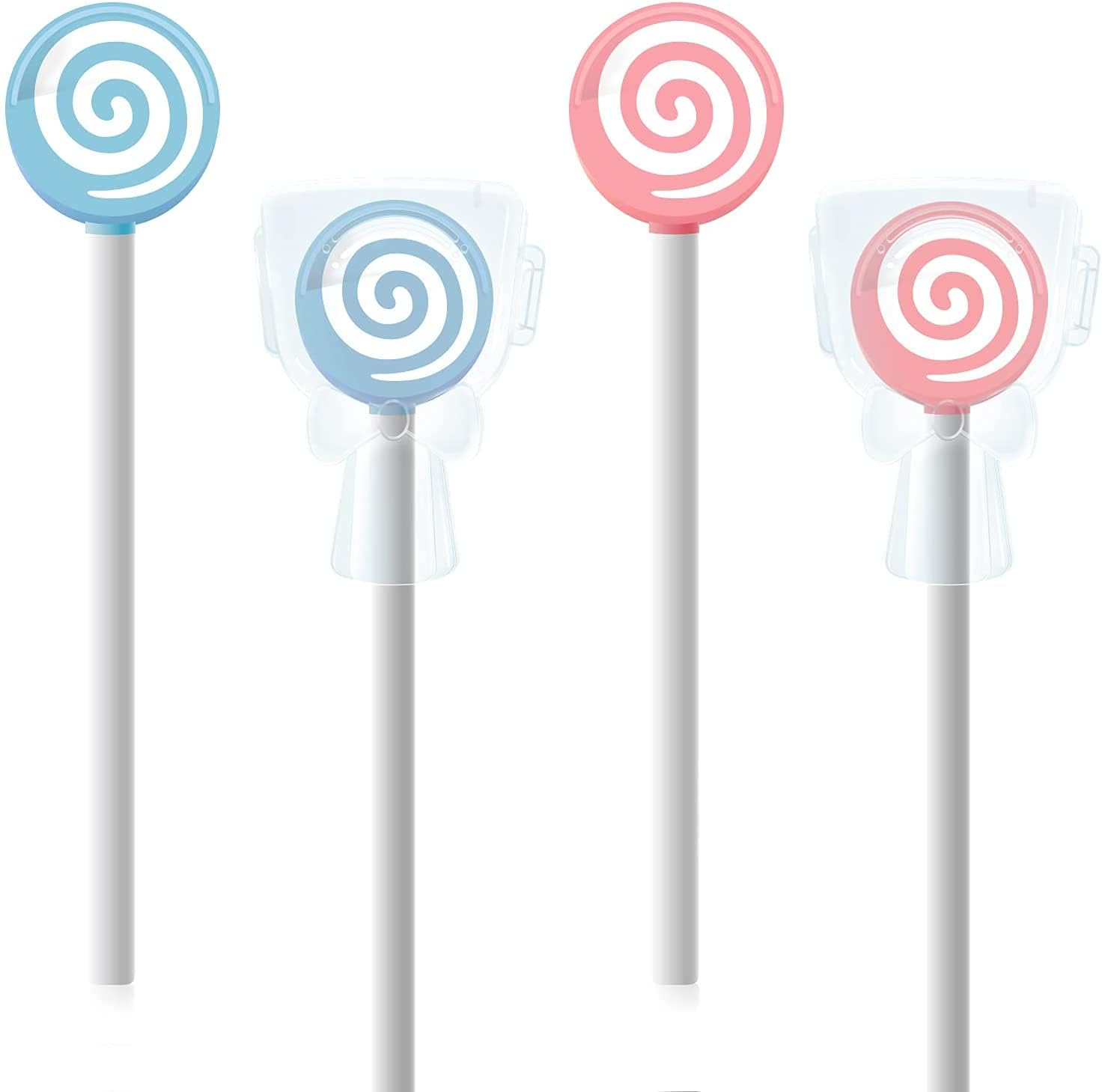 Y-Kelin Kids Tongue Scraper Set 4-Pack in blue and pink with lollipop shape
