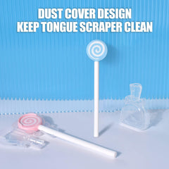 Pink tongue cleaner close-up with lollipop design