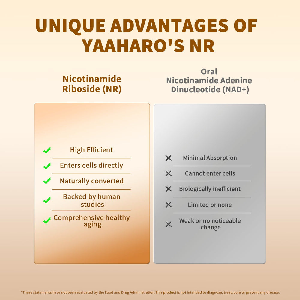 Packaging of YAAHARO NAD+ with 2 capsules per day guidance