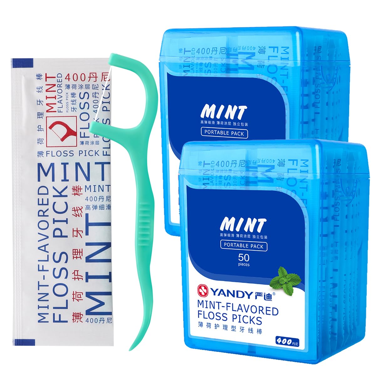 YANDY Mint Flossing Sticks packaging showing 100-count two-pack