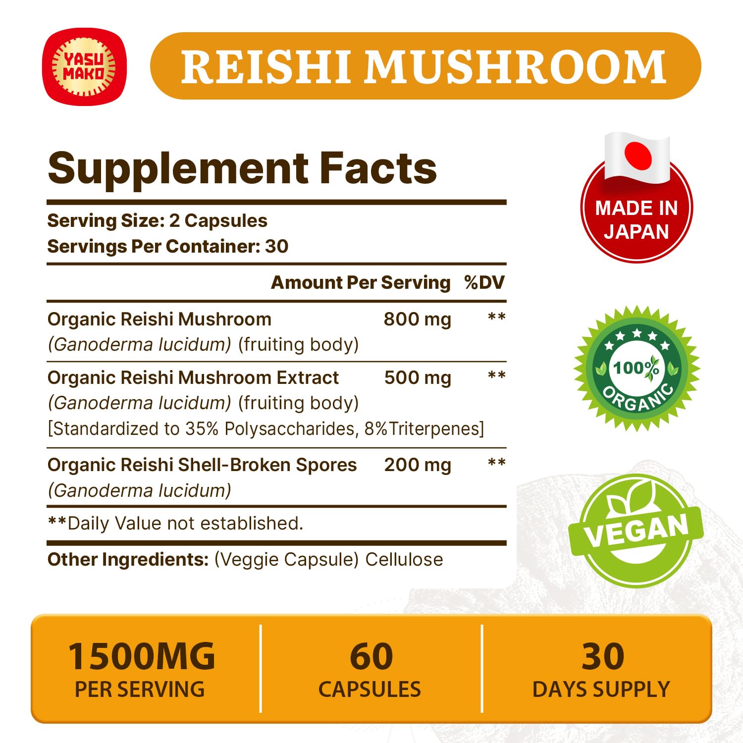 Close-up of Yasumako Reishi 800mg bottle label
