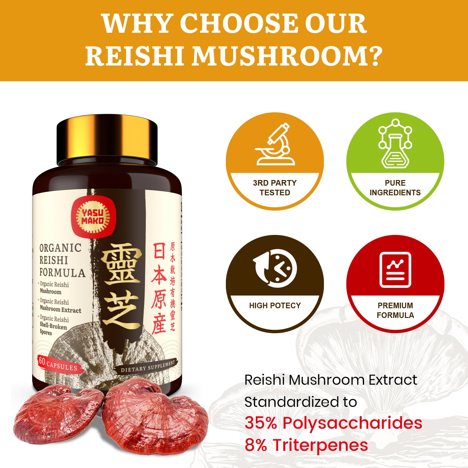 Vegan and organic Reishi mushroom capsules