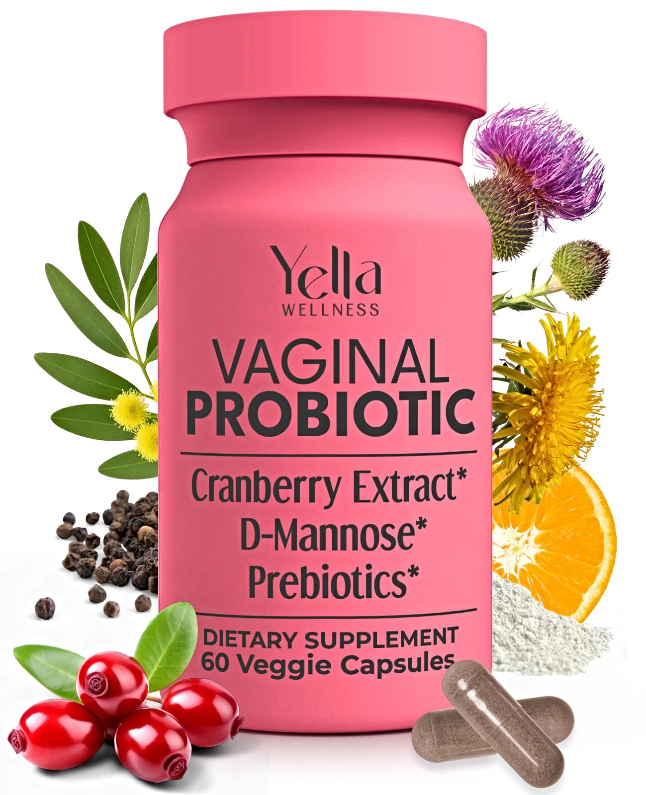 Front view of YELLA WELLNESS Vaginal Probiotics 60ct with Cranberry