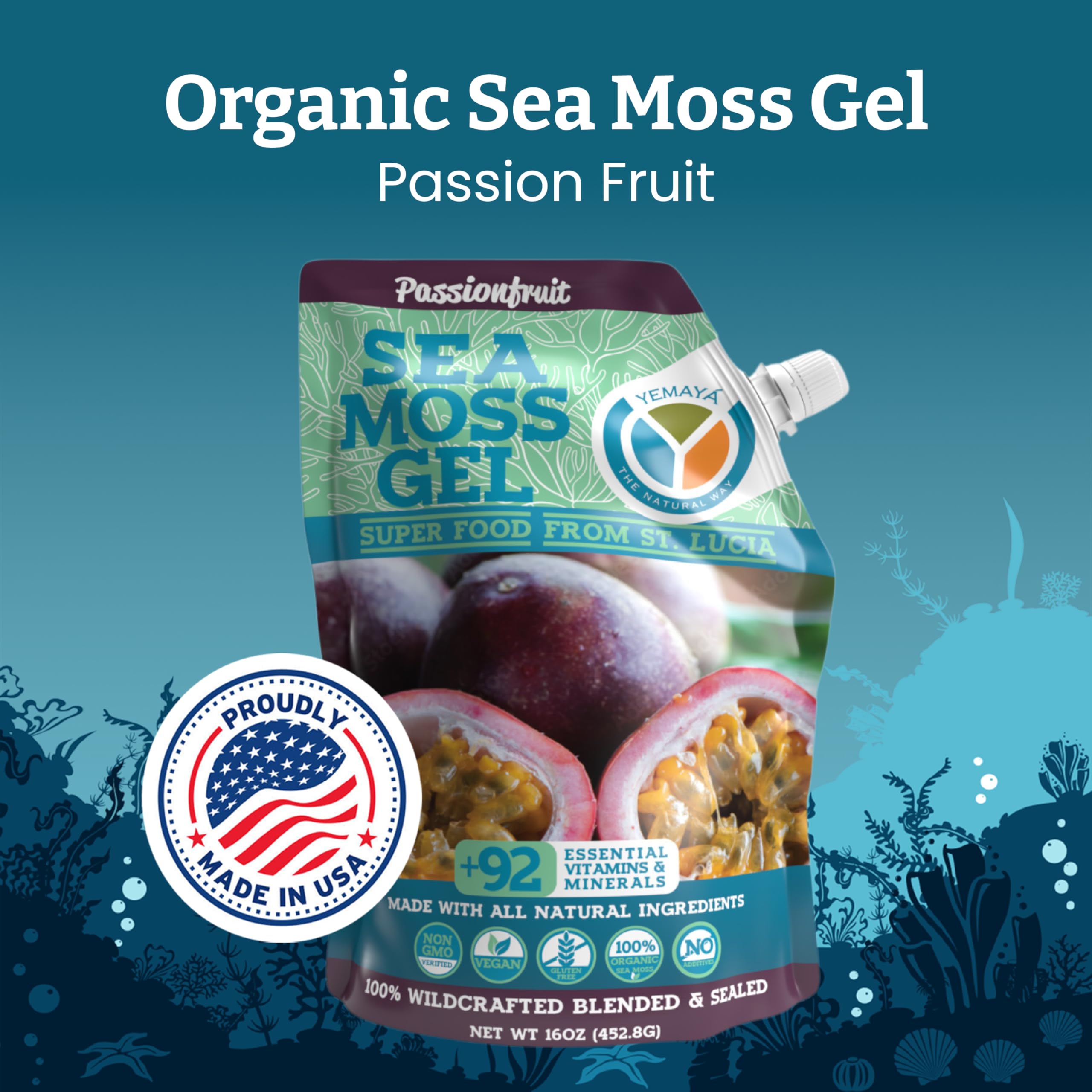 Pouring Yemayá Sea Moss Gel with Passionfruit flavor