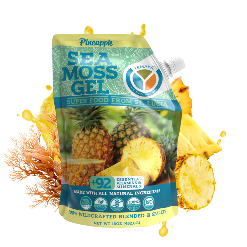 Front view of Yemaya Sea Moss Gel 16oz pineapple flavor