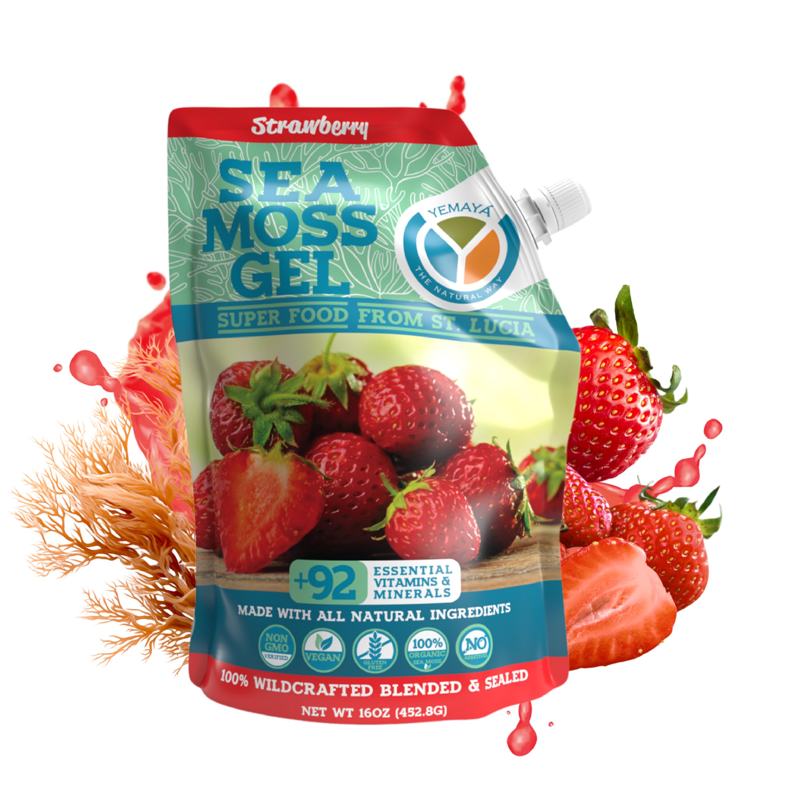 Yemayá Organic Sea Moss Gel Strawberry flavor bottle, 16 oz