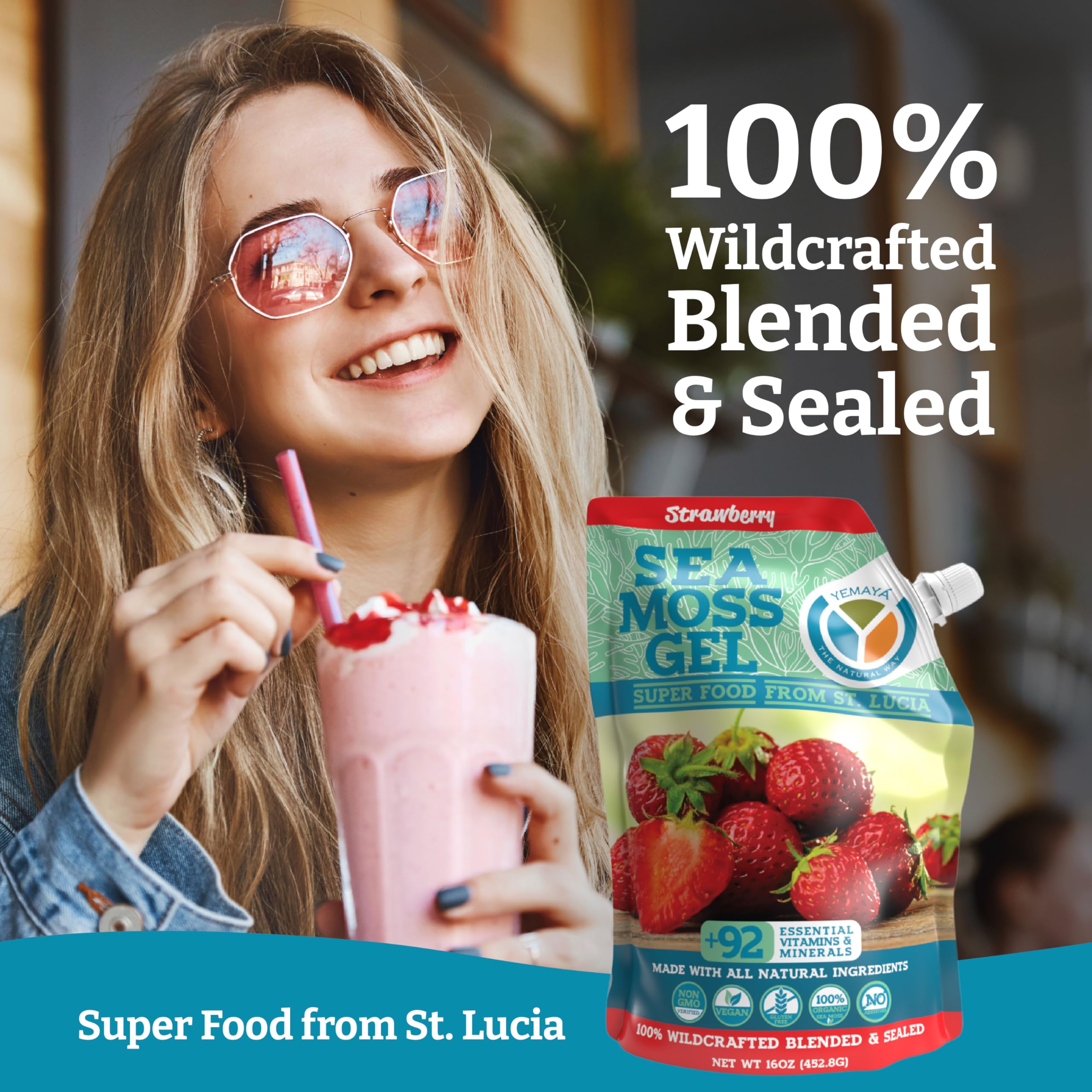 Wildcrafted seamoss gel in glass jar with fresh strawberries