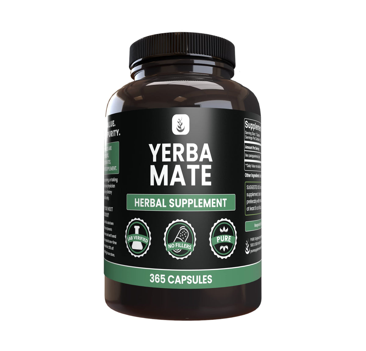 Bottle of Yerba Mate capsules with Pure Original Ingredients branding