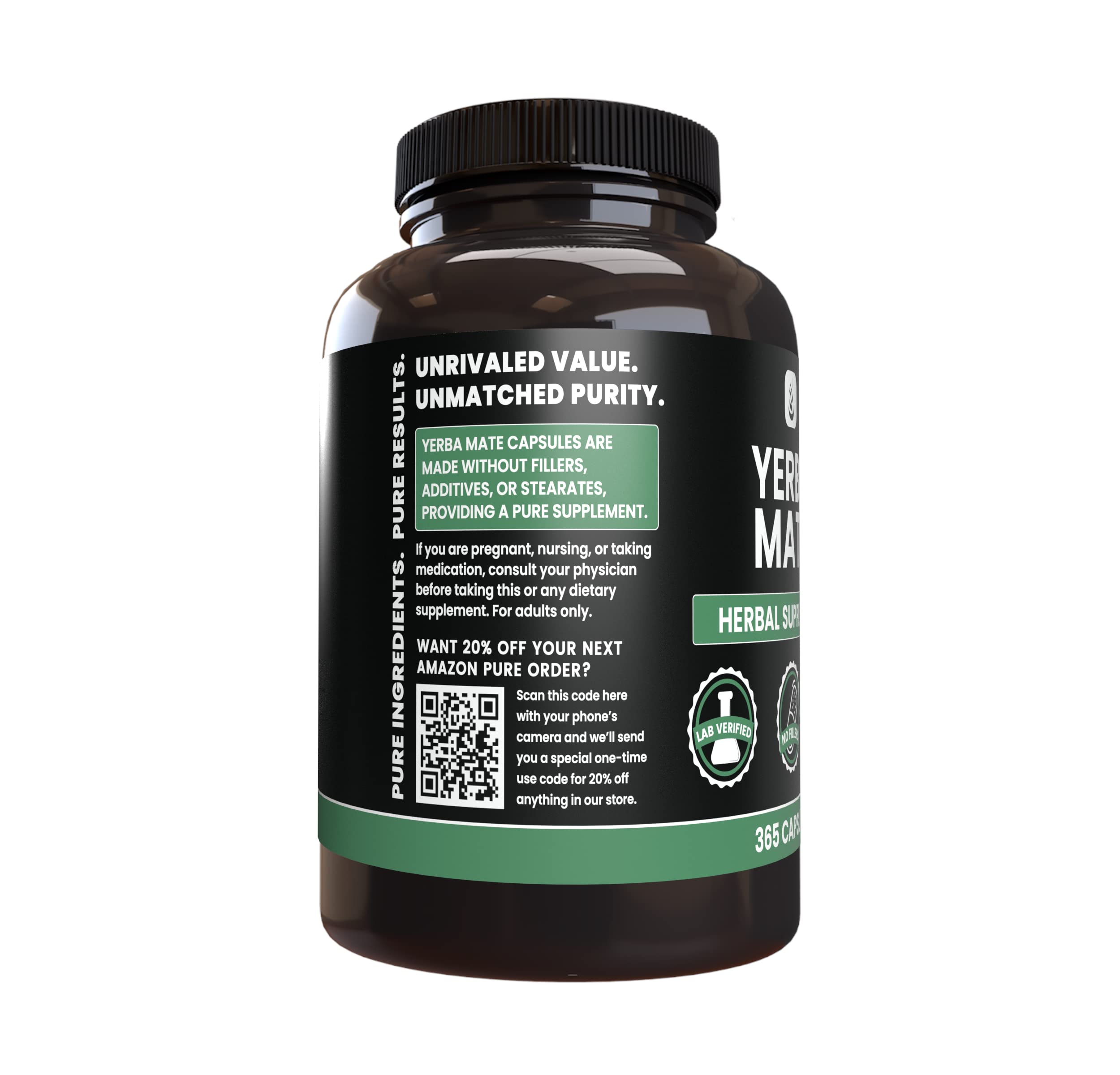 Side view of Yerba Mate capsules bottle showing 365 capsules