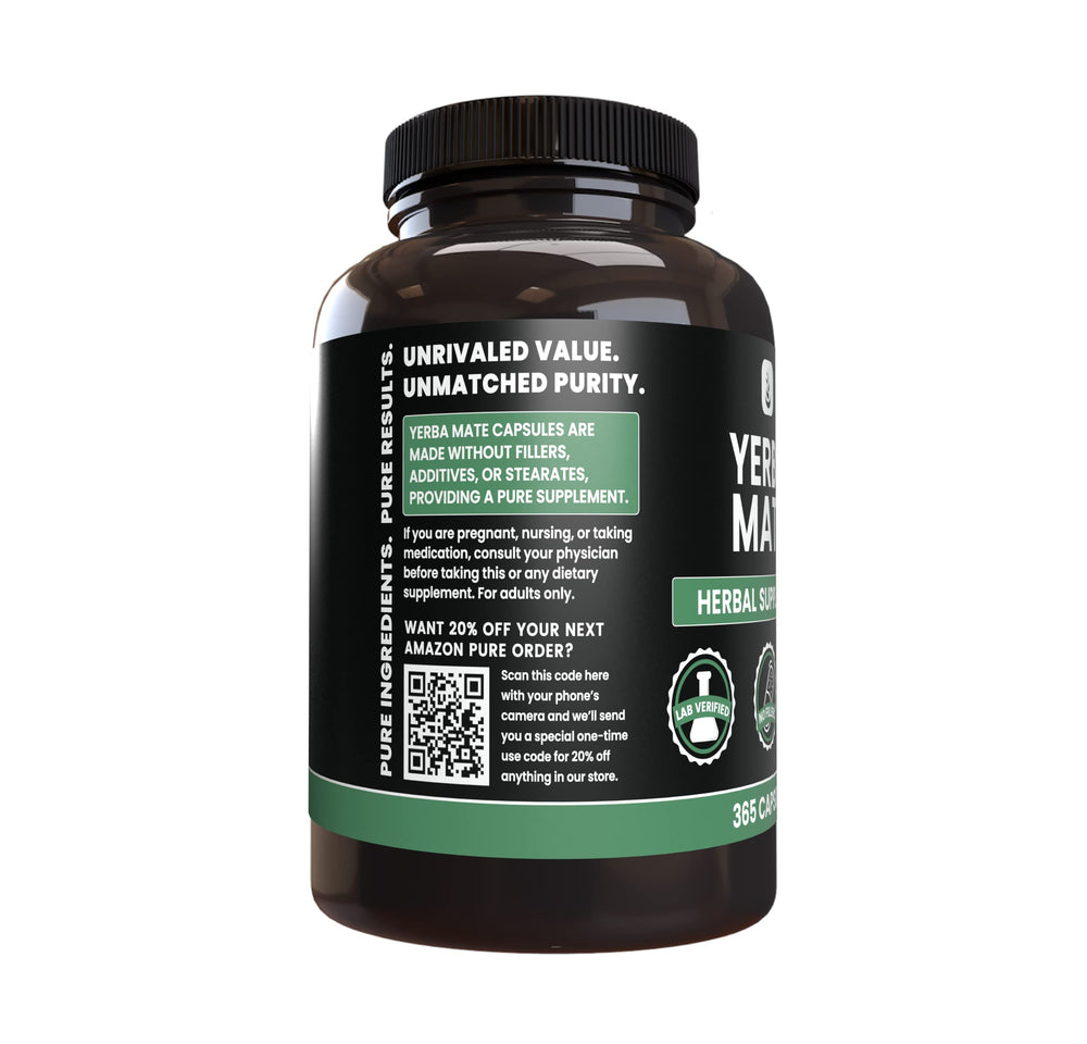 Side view of Yerba Mate capsules bottle showing 365 capsules