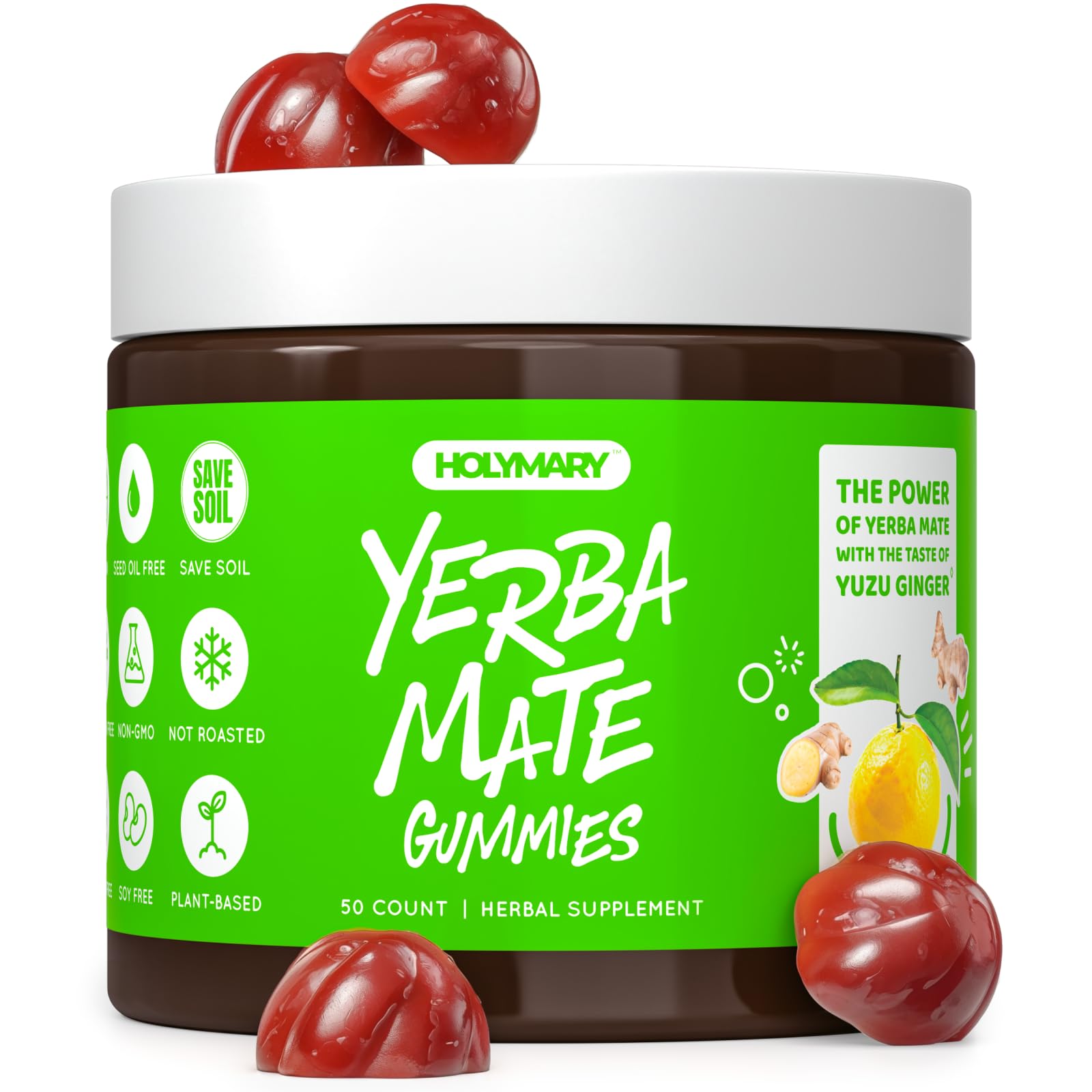Yerba Mate Gummies bottle with Yuzu & Ginger label