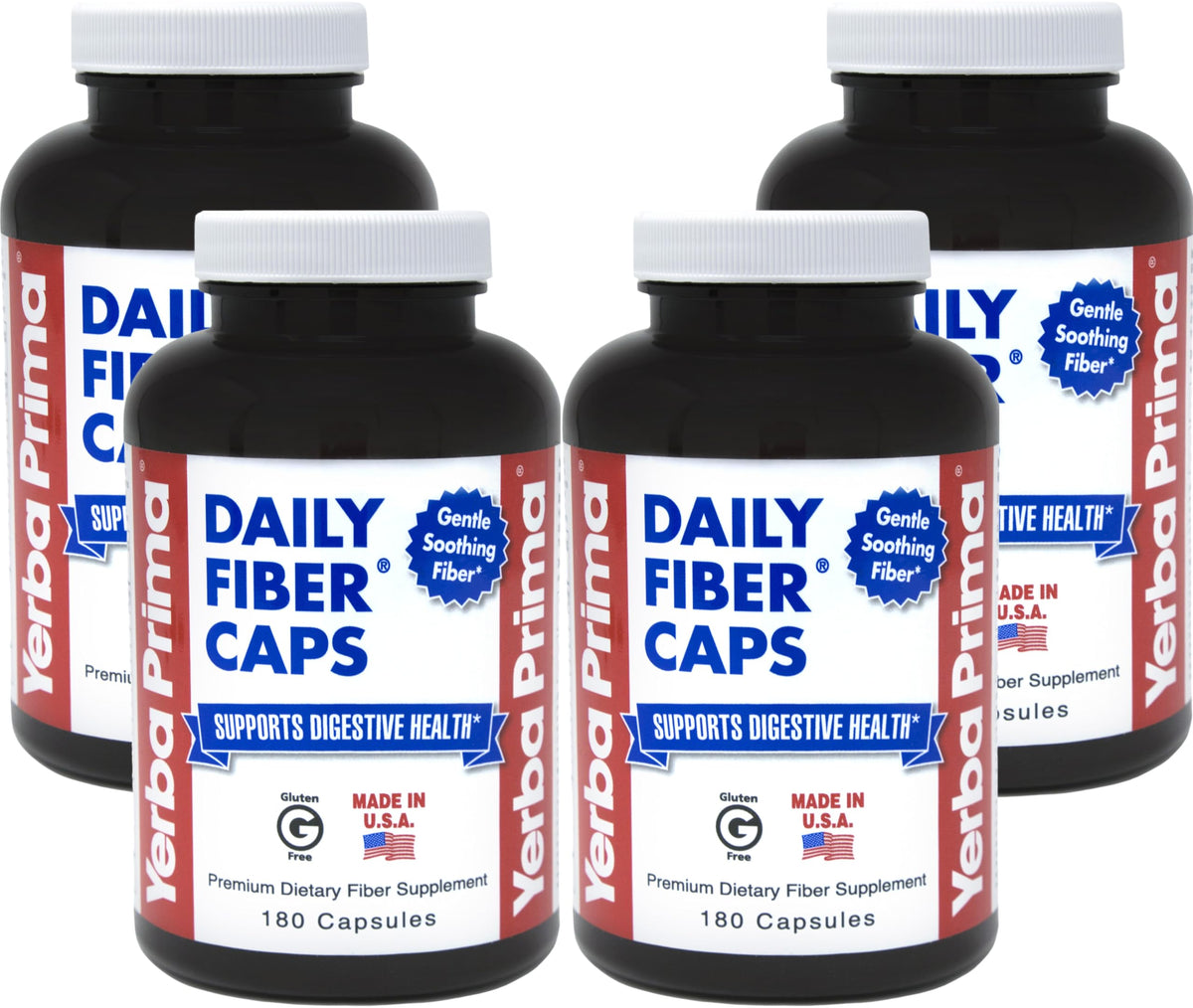 Yerba Prima Daily Fiber Caps bottle with 4-pack, 180 capsules