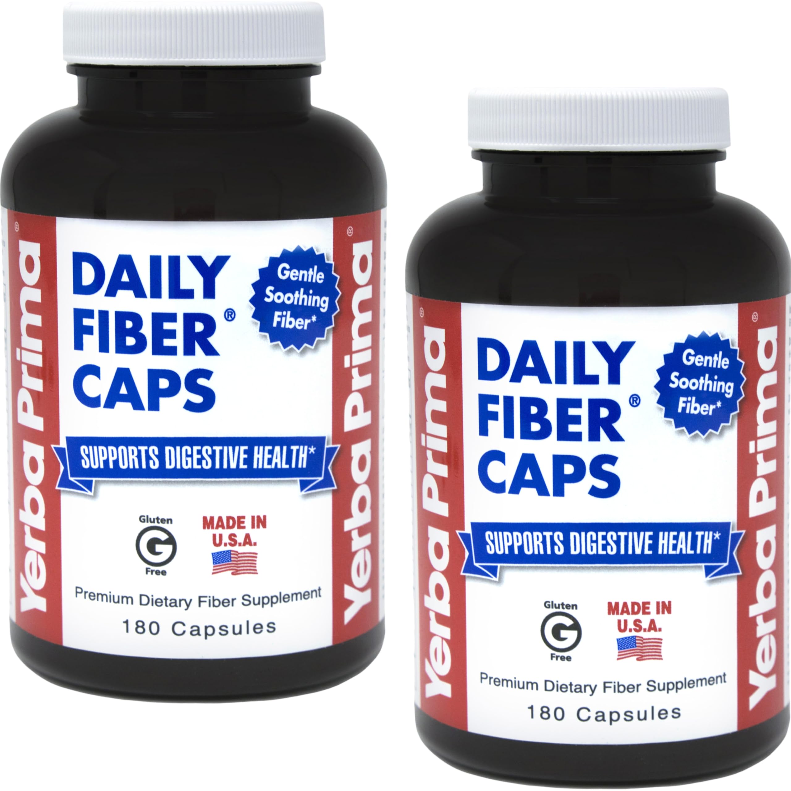 Front view of Yerba Prima Daily Fiber Formula 180-caps bottle in a 2-pack