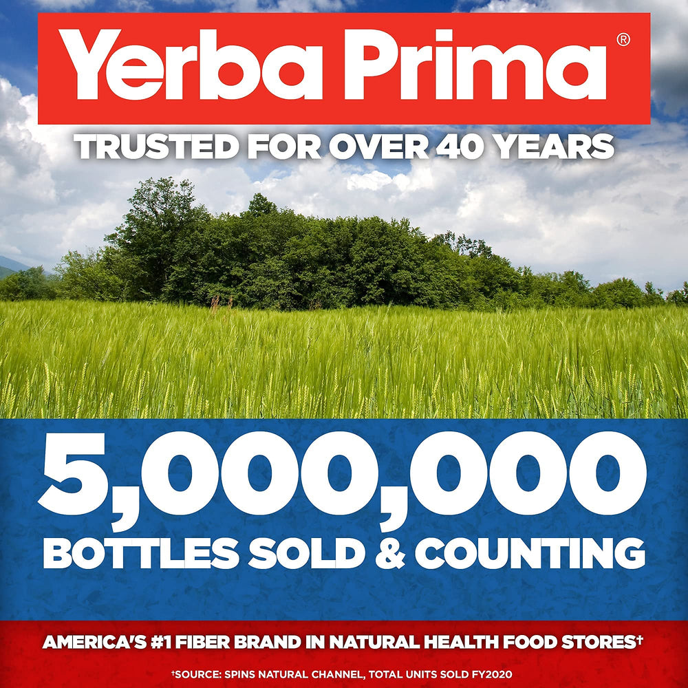 Icons showing Gluten Free, Non-GMO, and Vegan certifications on Yerba Prima packaging
