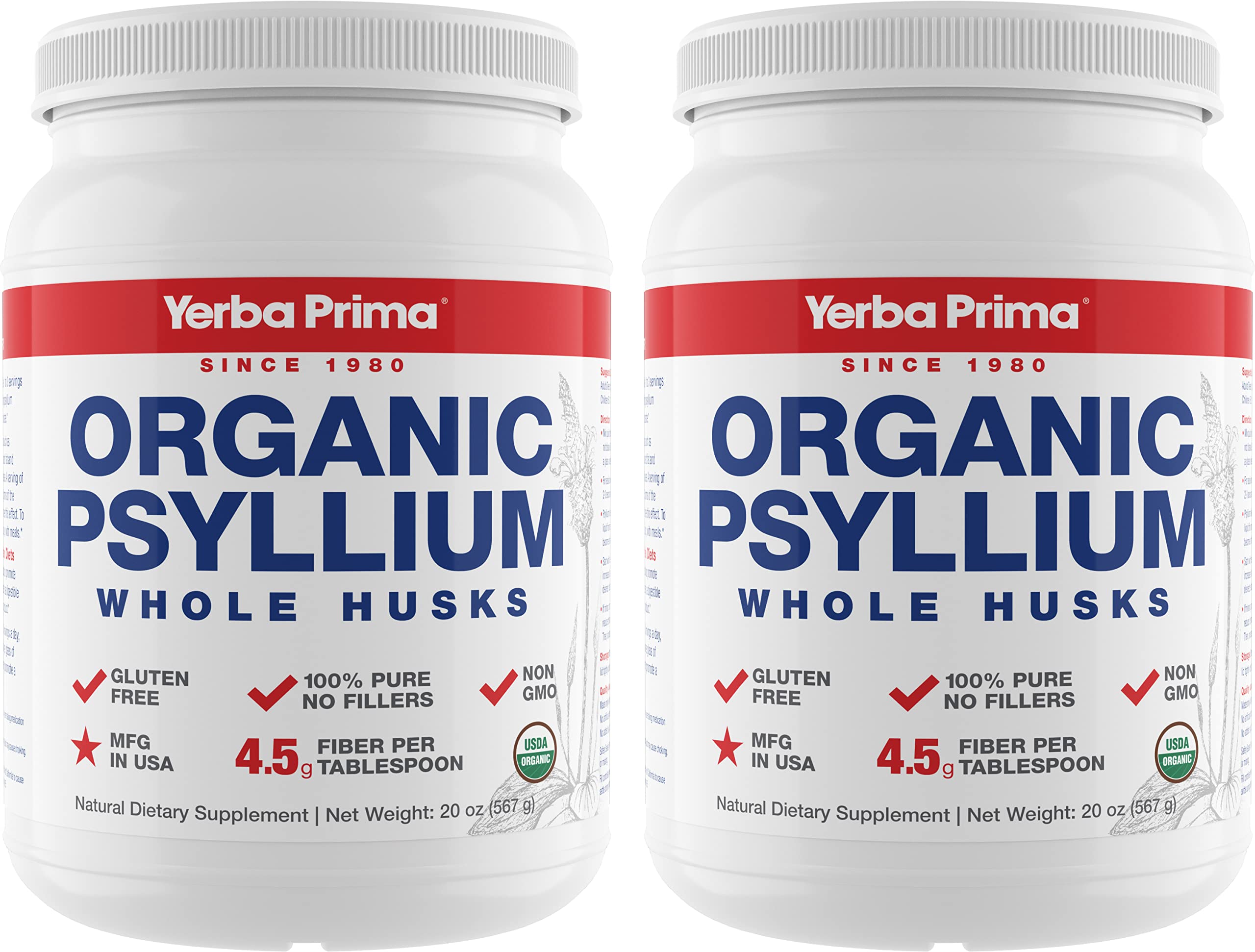 Front view of Yerba Prima Organic Whole Psyllium Husk Fiber 20 oz pack of 2