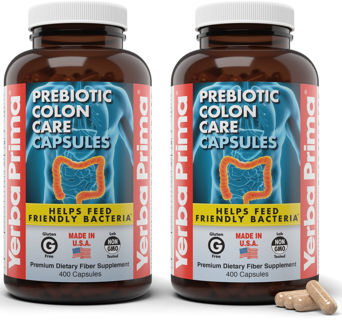 Yerba Prima Prebiotic Colon Care Capsules 400 count in 2 pack bottle
