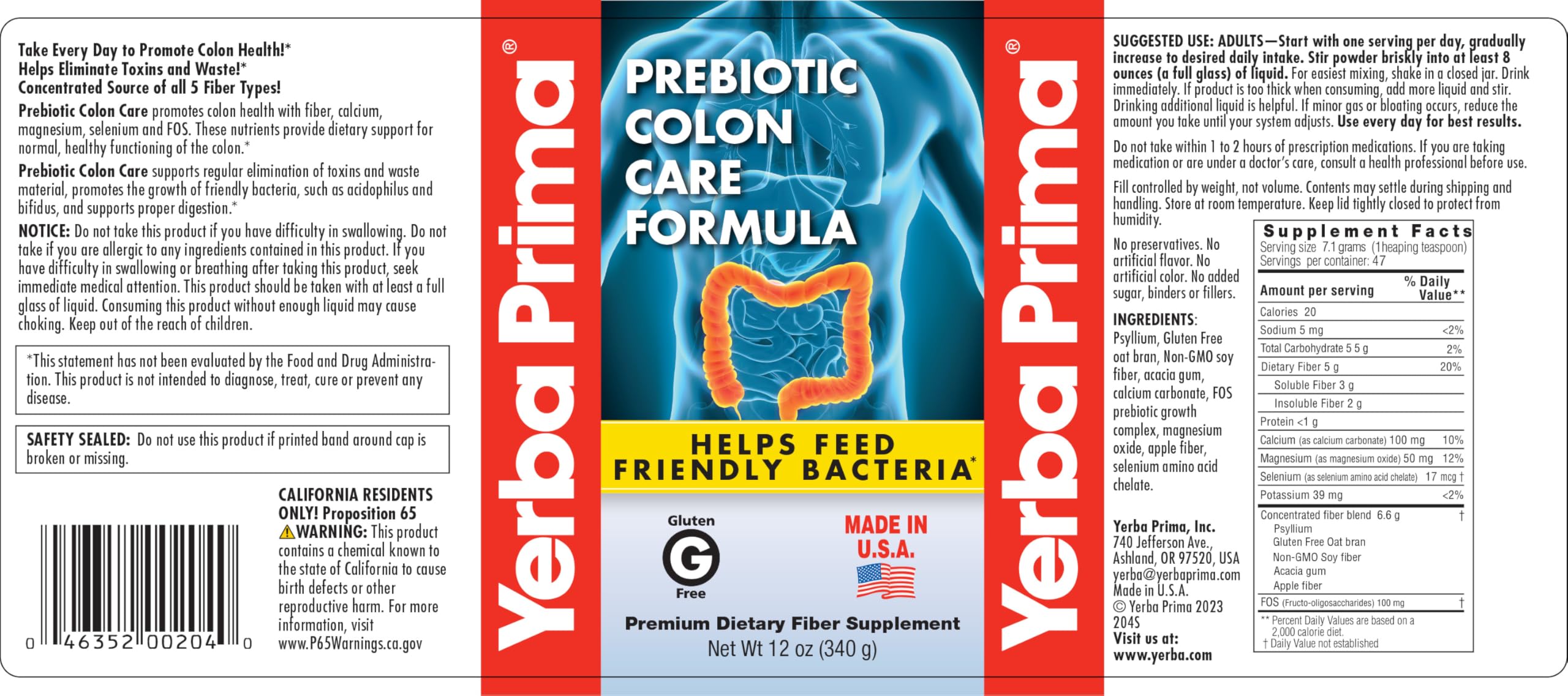 Yerba Prima packaging label for Prebiotic Colon Care Formula Powder