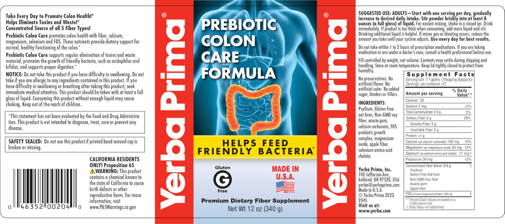 Yerba Prima packaging label for Prebiotic Colon Care Formula Powder