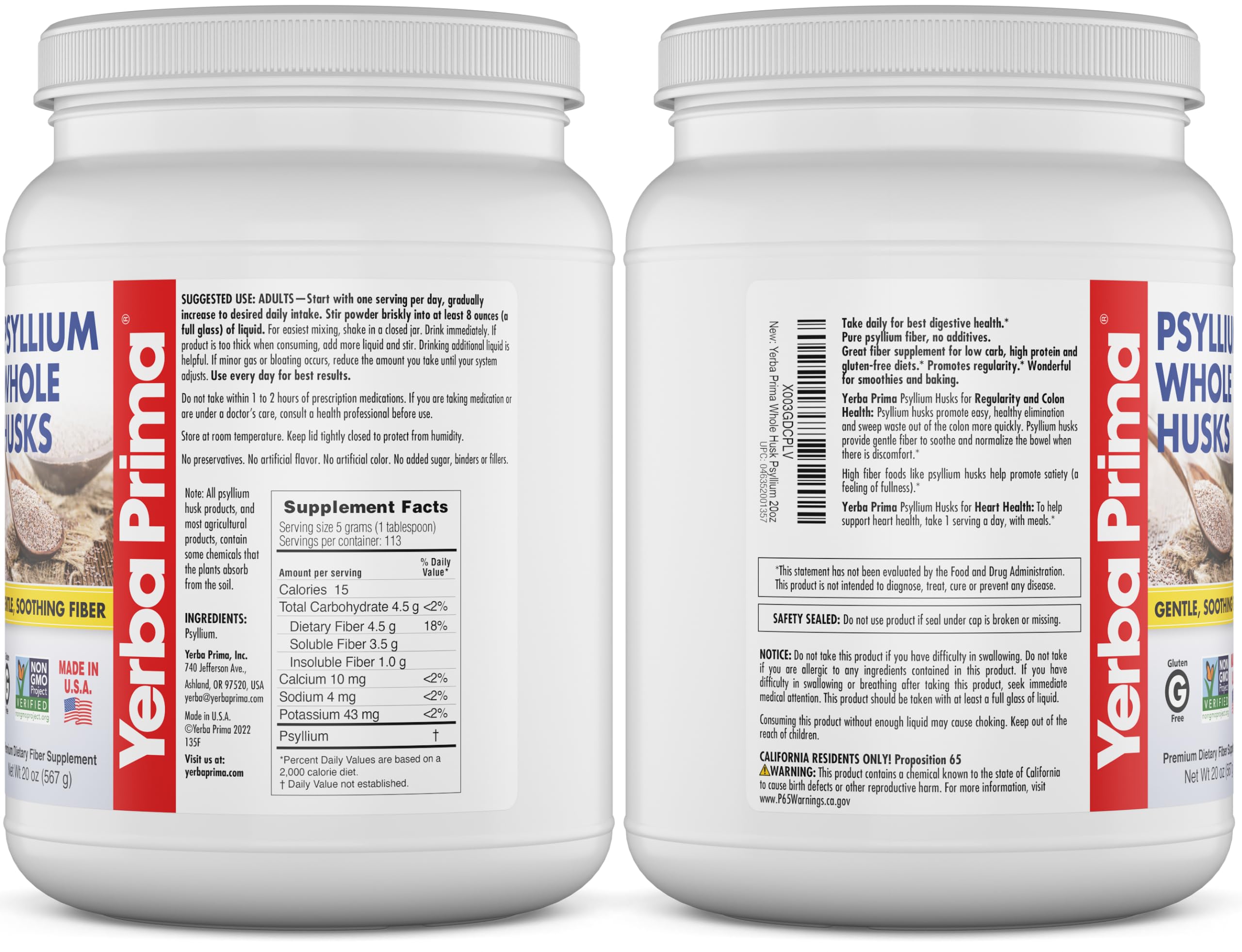 Dietary fiber content information for Yerba Prima psyllium husk