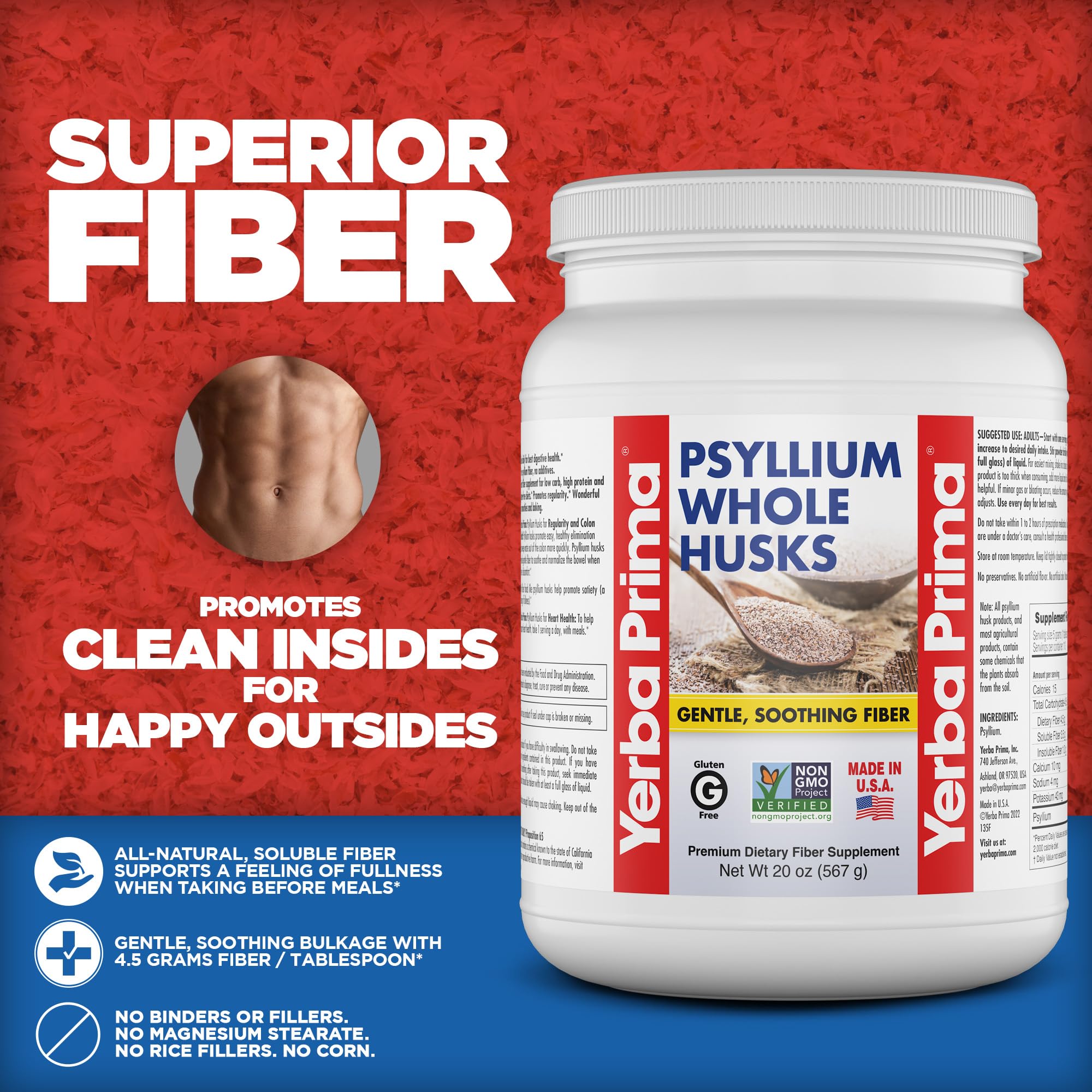 Gluten-free and Non-GMO labeling on Yerba Prima psyllium husk