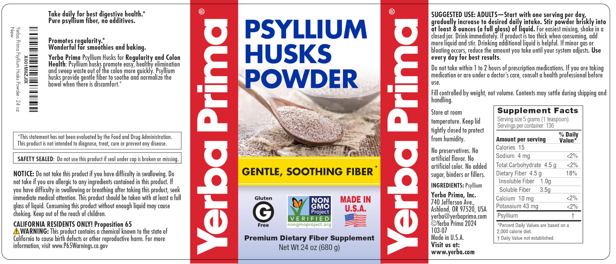 Psyllium powder product shot highlighting non-GMO, gluten-free features