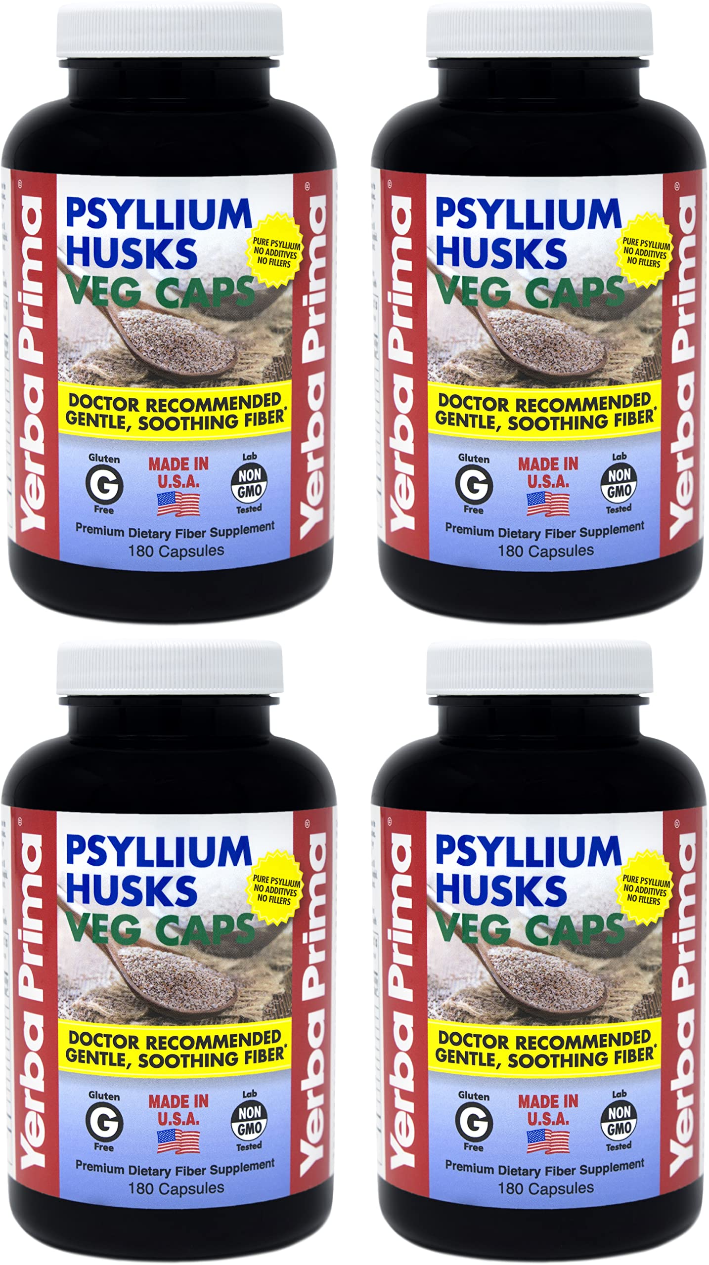 Front view of Yerba Prima Psyllium Husk Veg Caps bottle in a four-pack