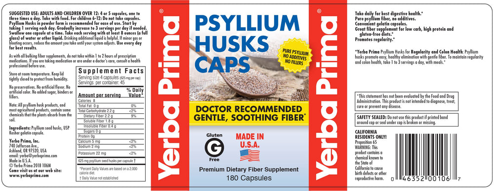 Back label of Yerba Prima Psyllium Husks Caps Pack of 4