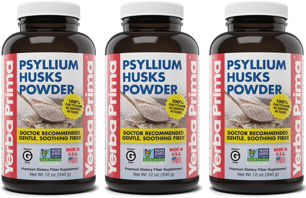 Front view of Yerba Prima Psyllium Husks Powder Pack (3 x 12 oz bottles).