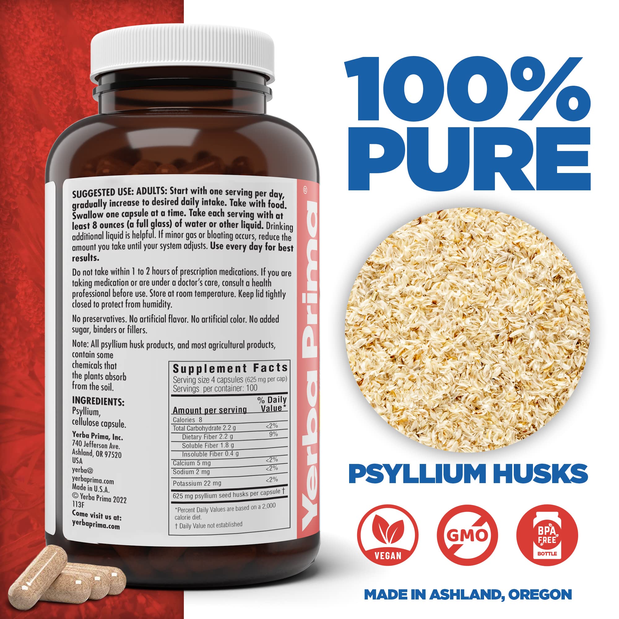 Close-up of Yerba Prima Psyllium husks capsules
