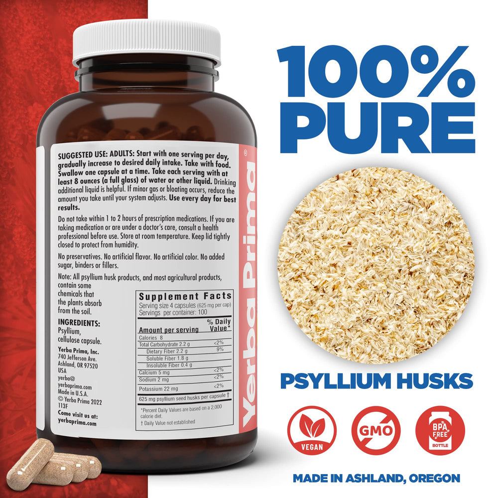 Close-up of Yerba Prima Psyllium husks capsules
