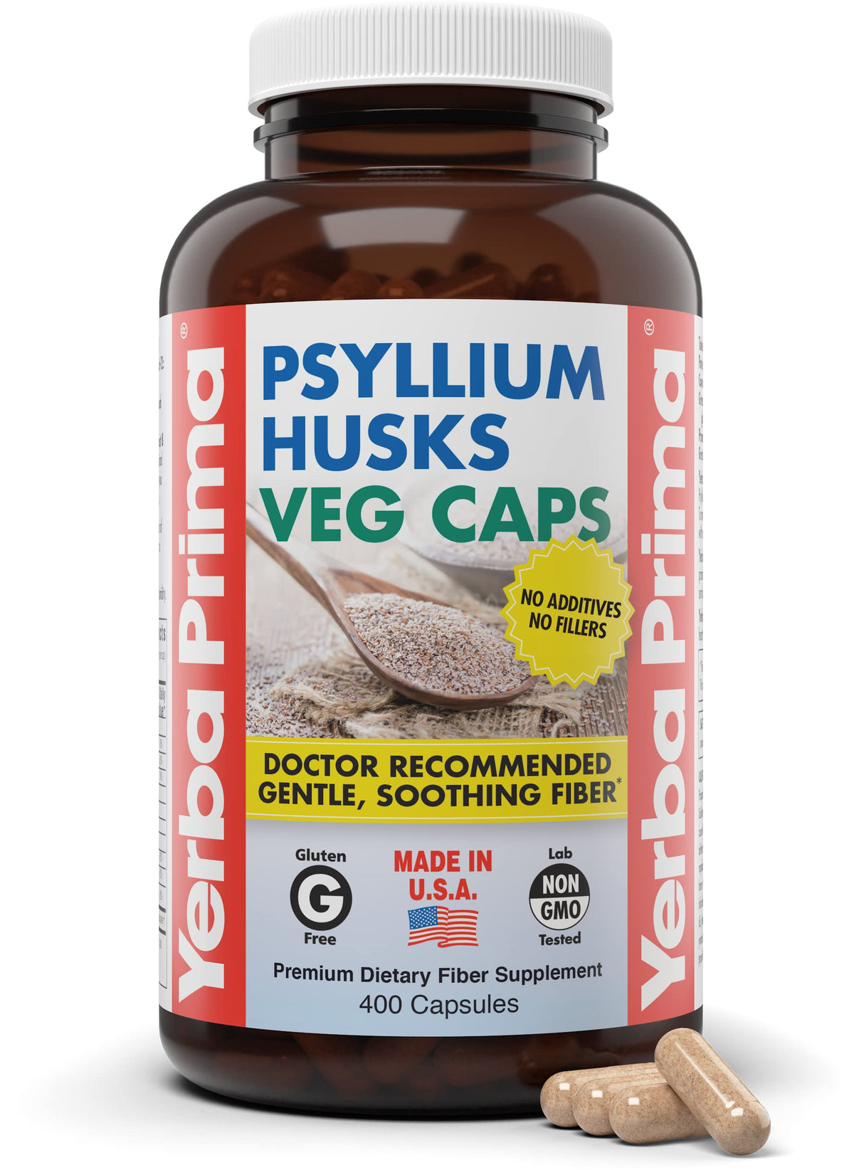 Yerba Prima Psyllium husk capsules bottle – 400 capsules, 625 mg each