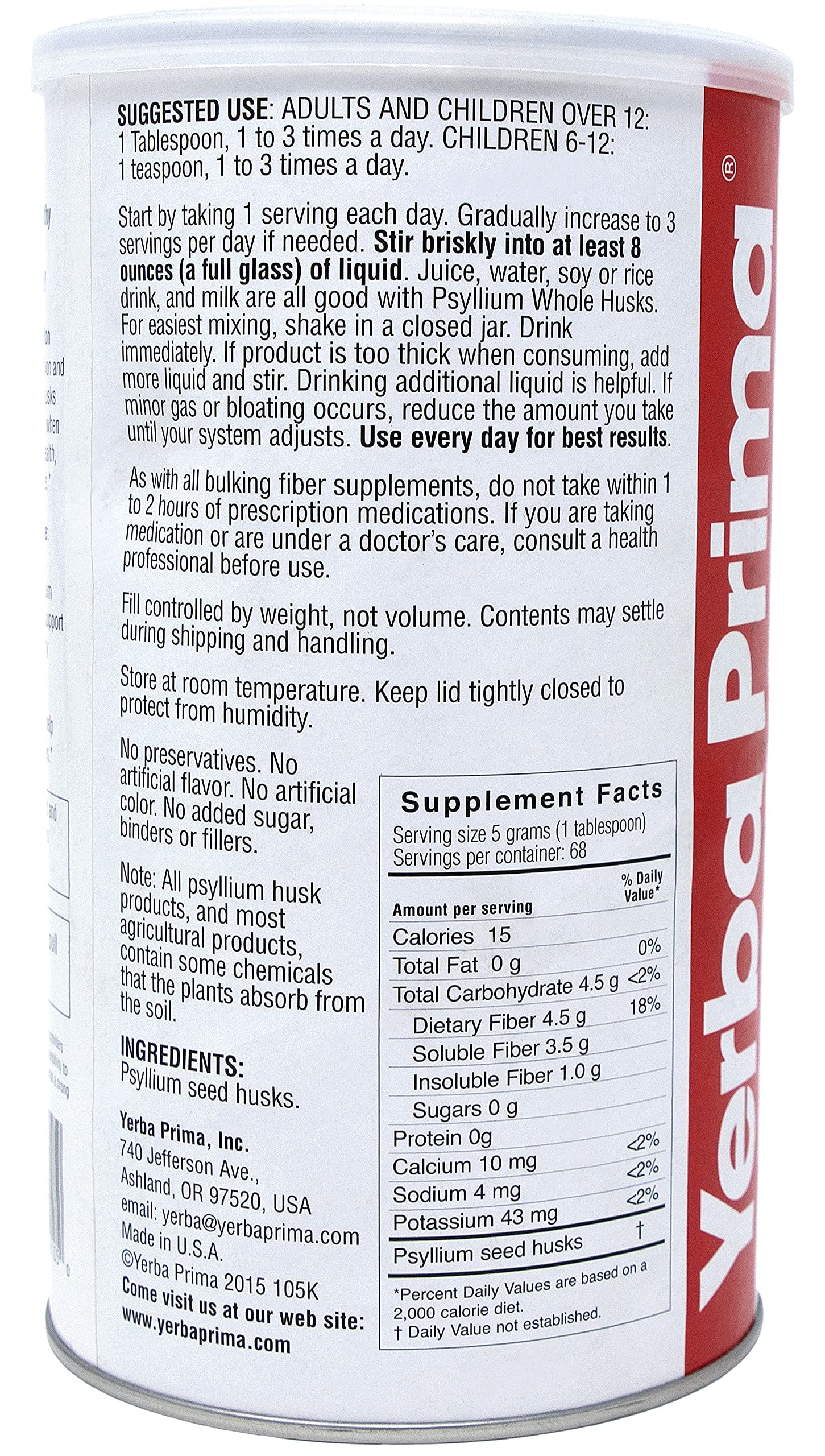Nutrition and ingredient label close-up on Yerba Prima Psyllium product