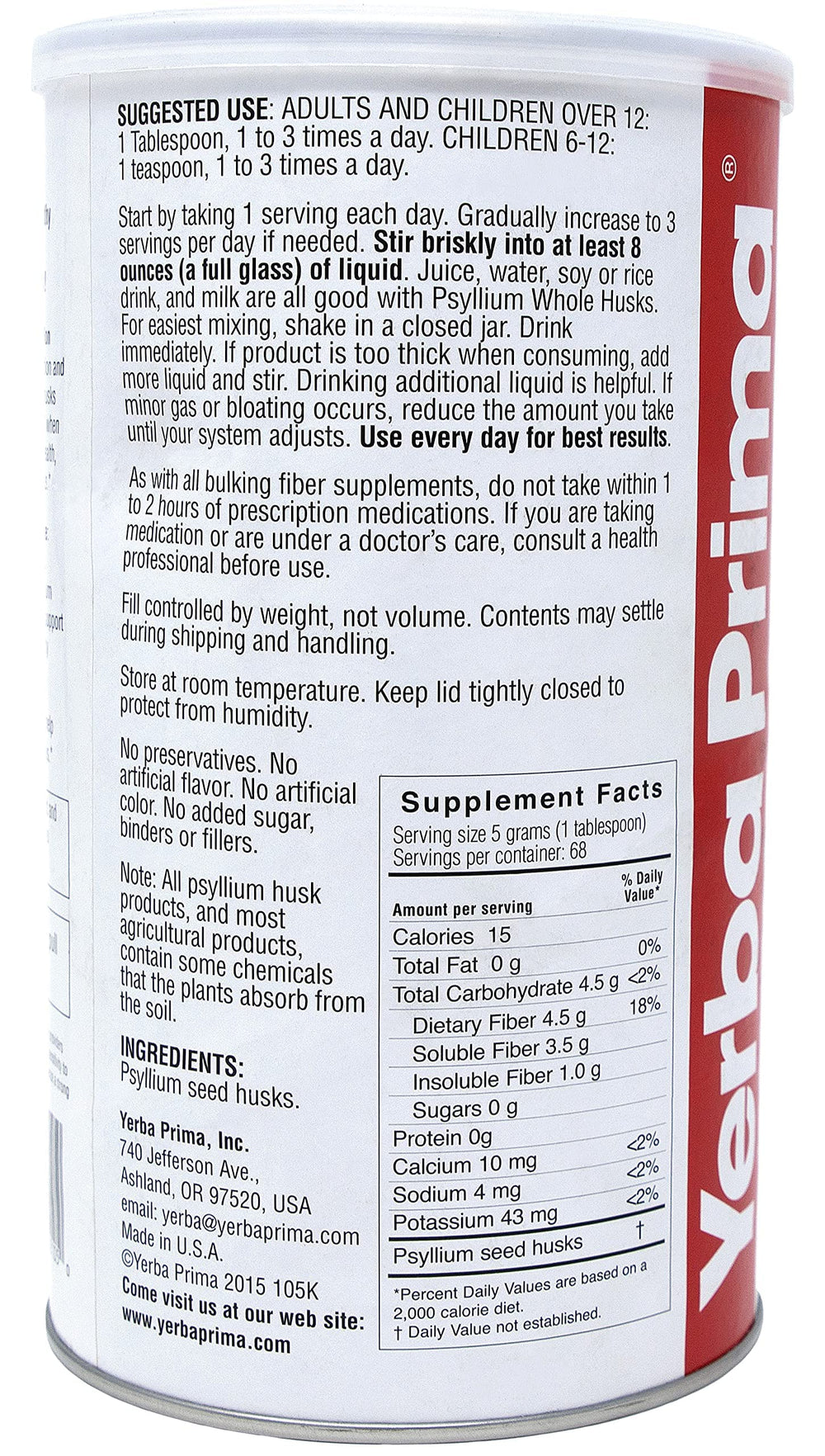 Nutrition and ingredient label close-up on Yerba Prima Psyllium product