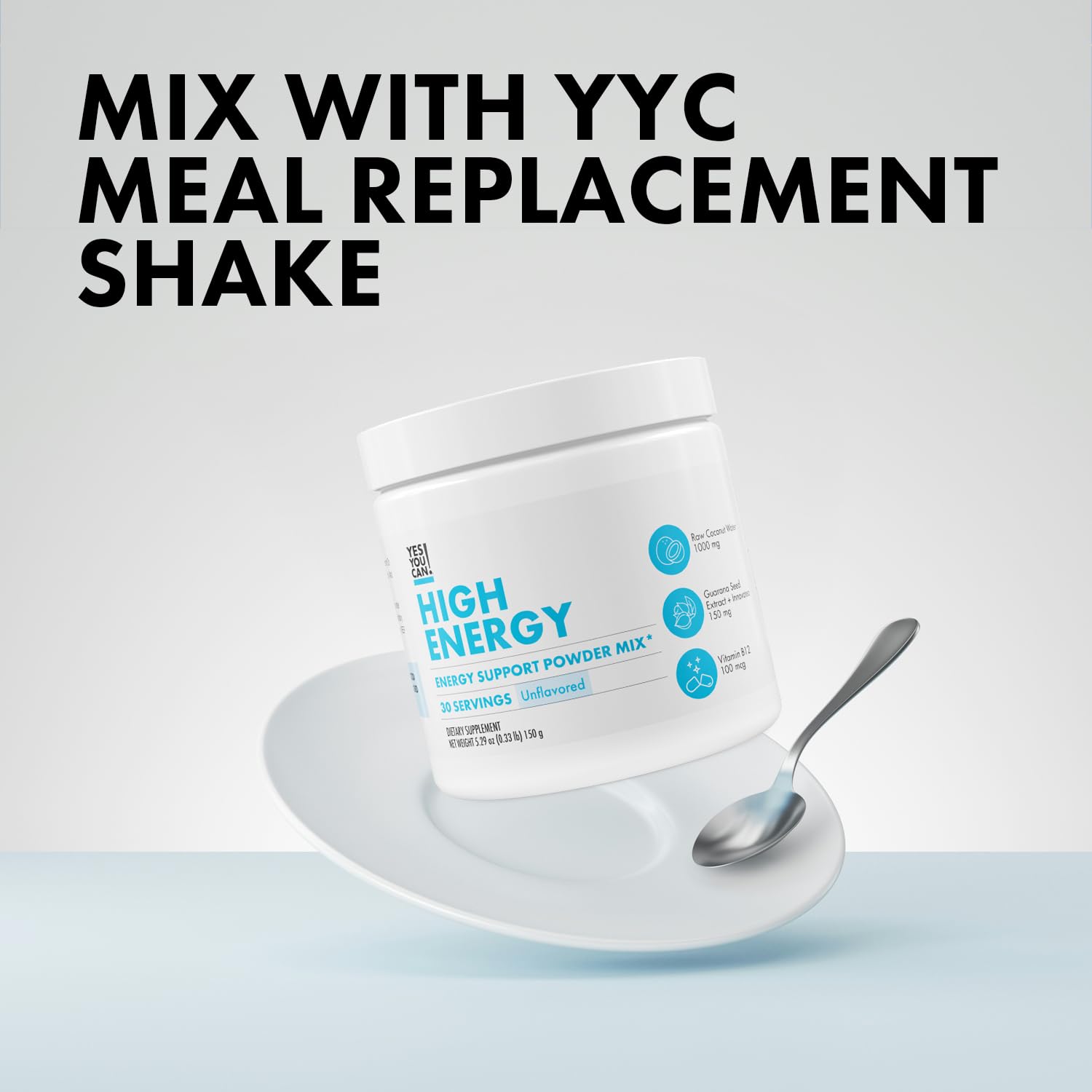 Yes You Can! Shake Booster scoop highlights easy portioning for quick energy in smoothies.