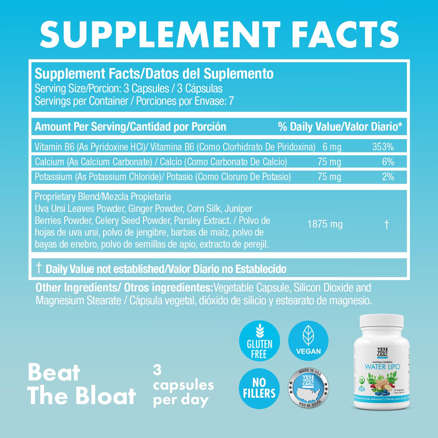 Yes You Can Water Lipo ingredients Ua Ursi and Juniper berries shown on label.