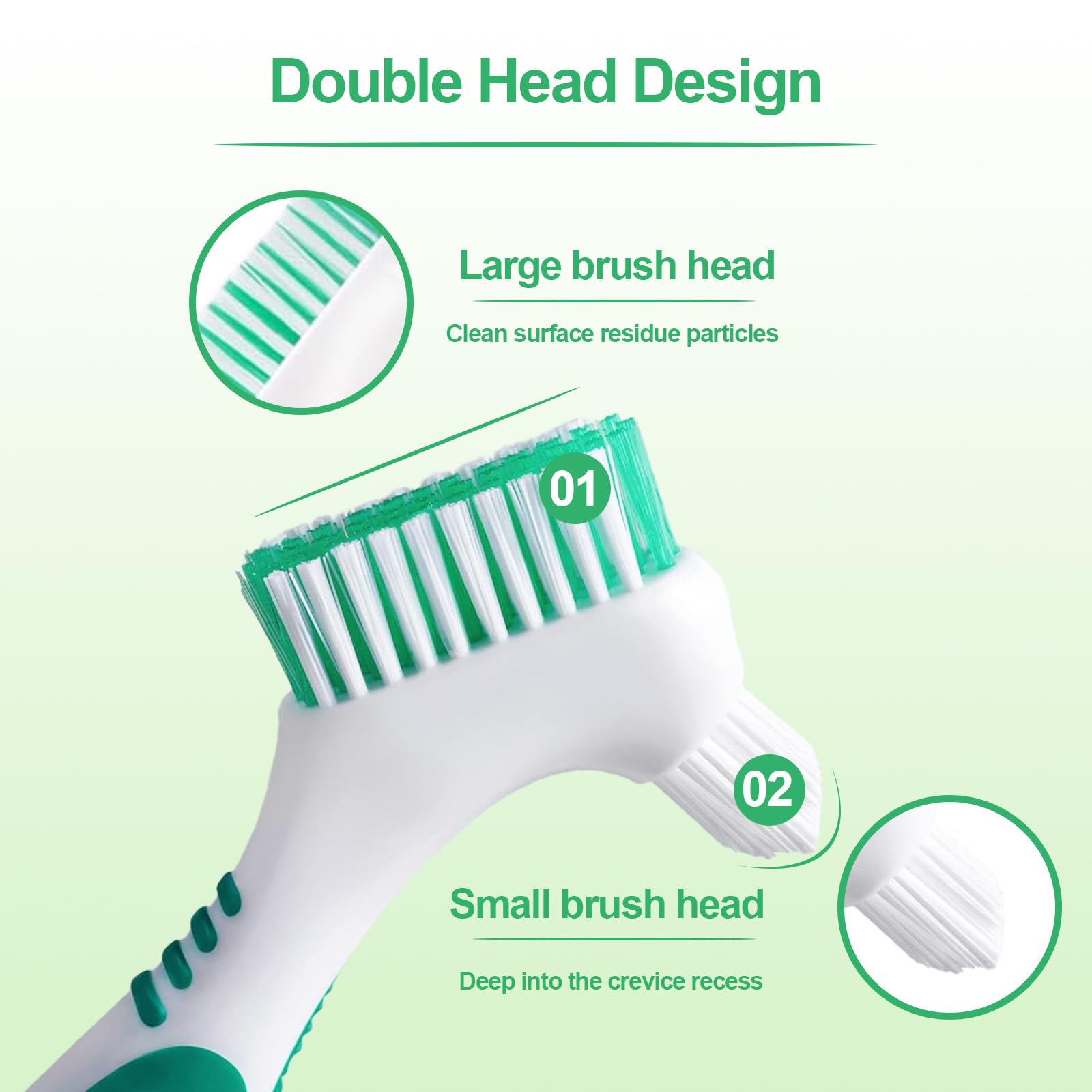 Denture brush with small pointed tip for deep crevices and clasps
