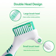 Denture brush with small pointed tip for deep crevices and clasps