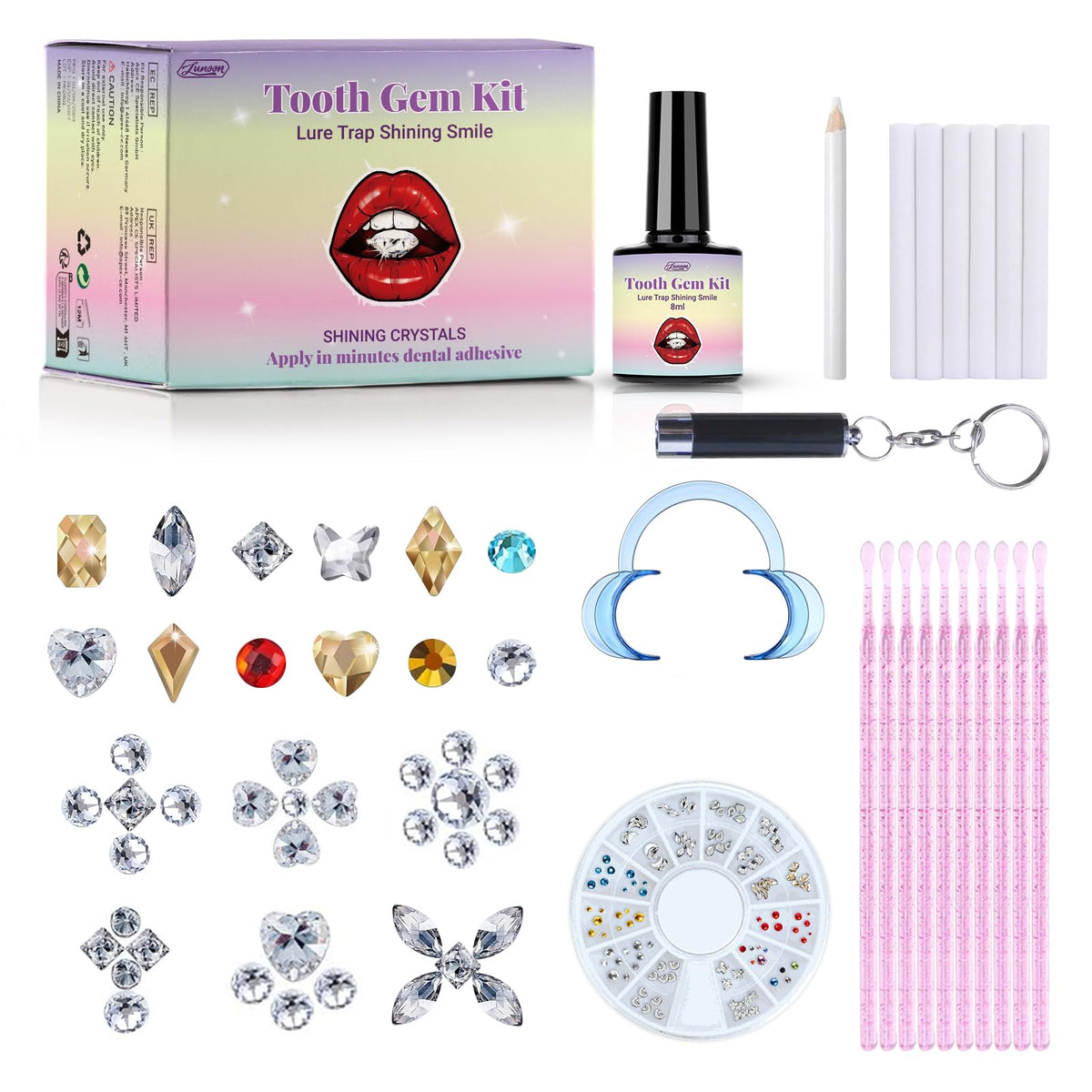 YFKEJI DIY Tooth Gem Kit contents laid out: 120 crystals and tools