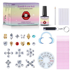 YFKEJI DIY Tooth Gem Kit contents laid out: 120 crystals and tools