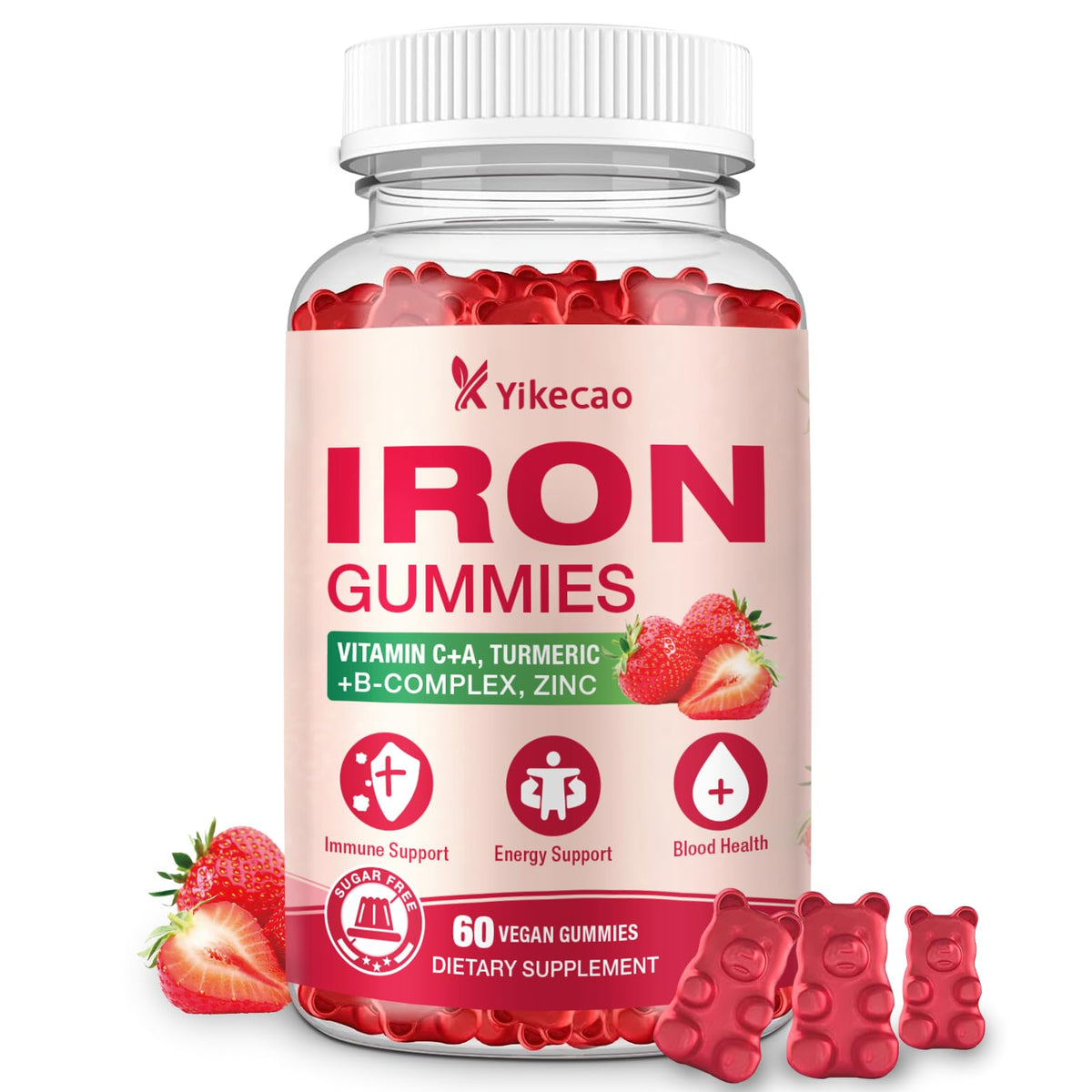 Yikecao Iron Gummies bottle label with strawberry flavor