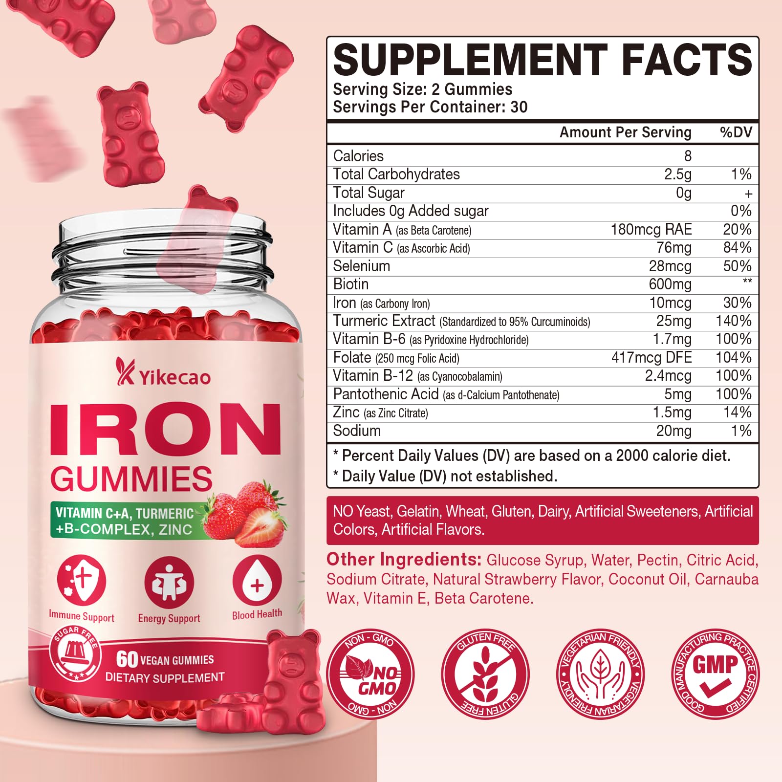 Close-up of a strawberry-flavored vegan iron gummy