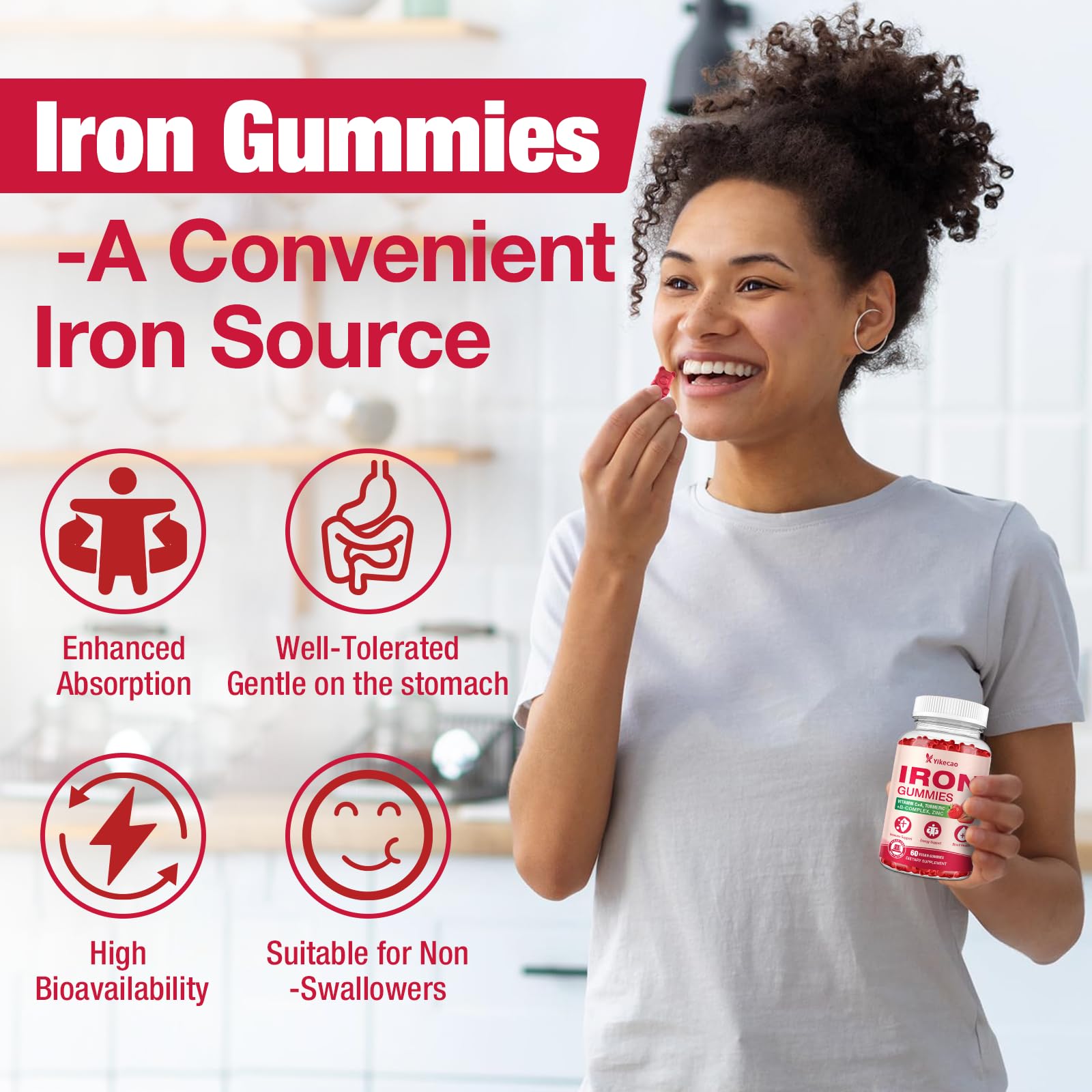 Front view of Yikecao Iron Gummies bottle