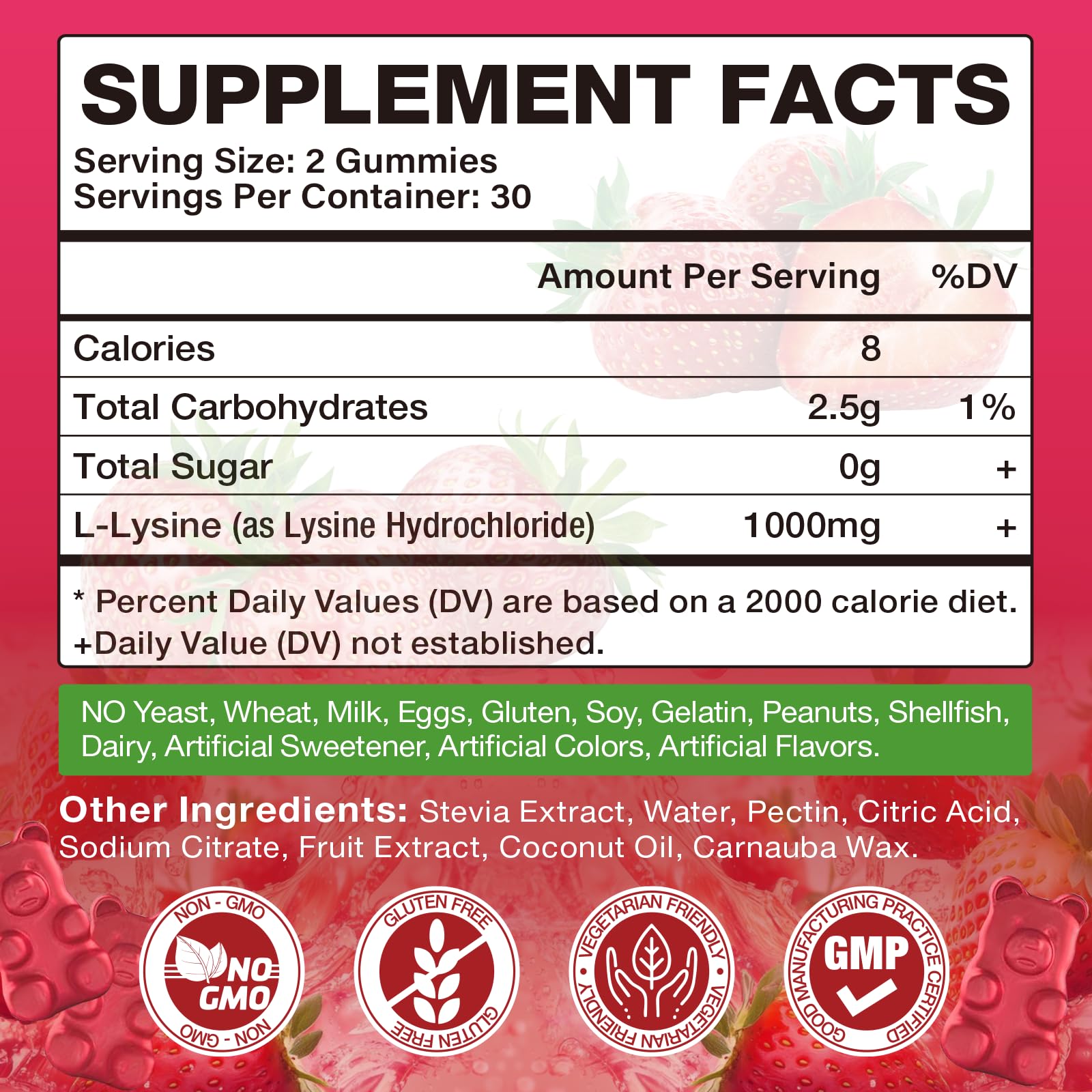 Close-up of strawberry-flavored lysine gummies