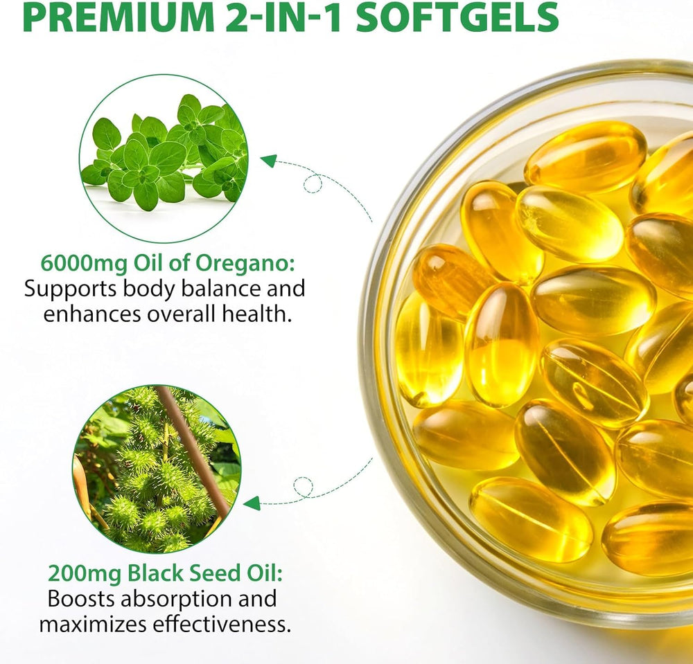 Close-up of oregano oil softgel capsules