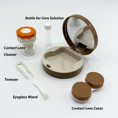 Brown travel lens case with mirror and tools visible for on the go use